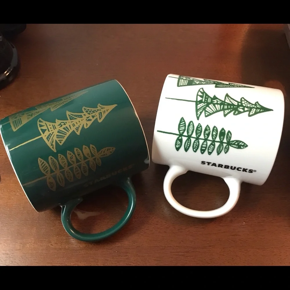 Set of Two Starbucks Christmas Mugs Green with Gold Trees White with Green Trees